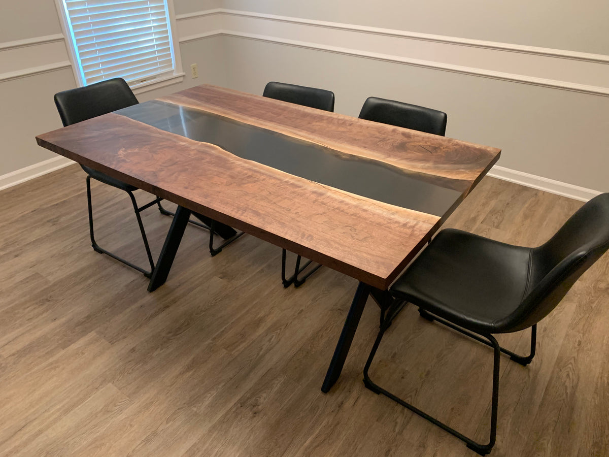 Walnut river table with custom metal legs