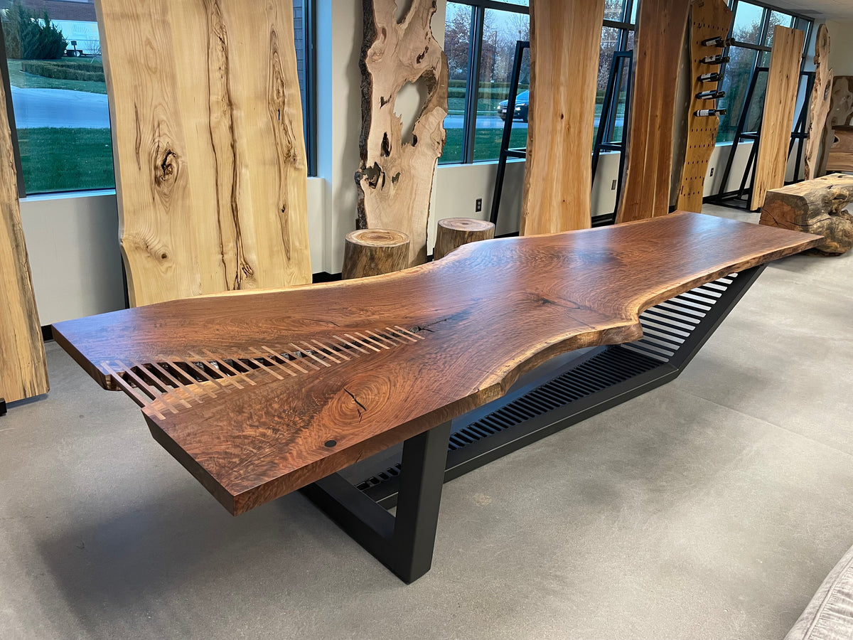 Live edge single slab black walnut table on custom steel base