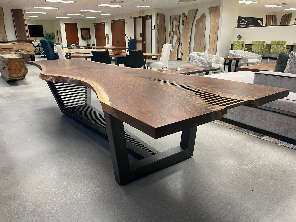 Live edge single slab black walnut table on custom steel base