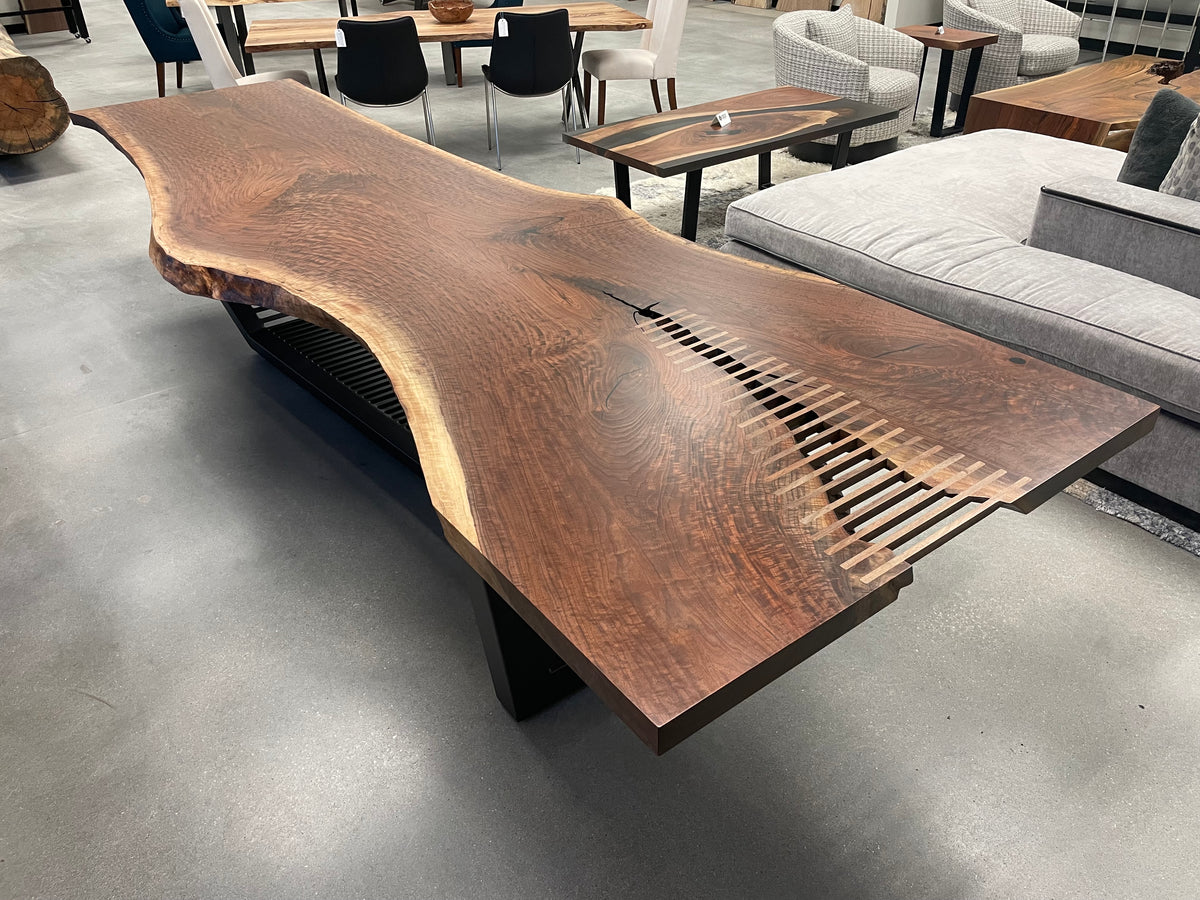 Live edge single slab black walnut table on custom steel base