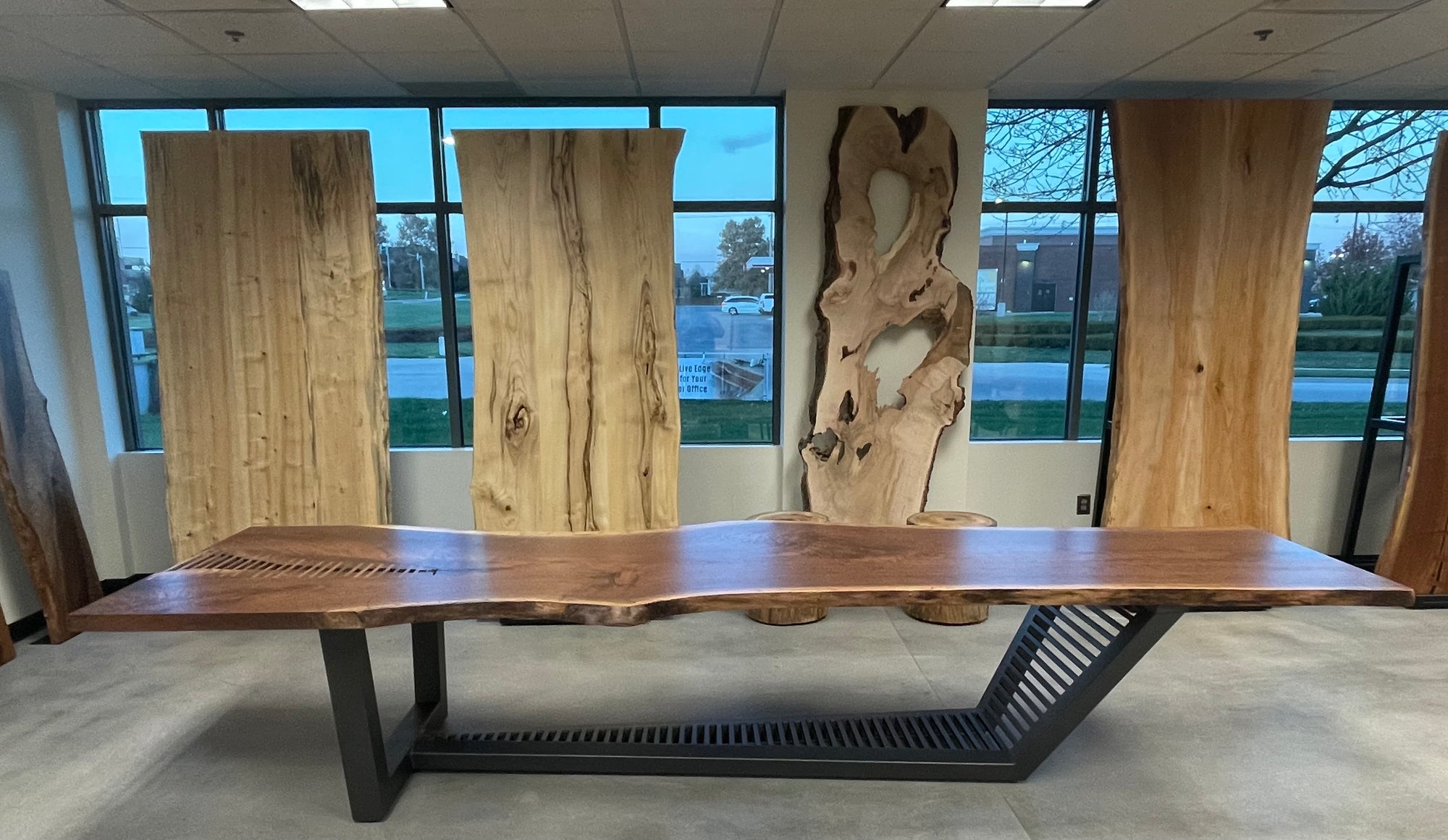 Live edge single slab black walnut table on custom steel base