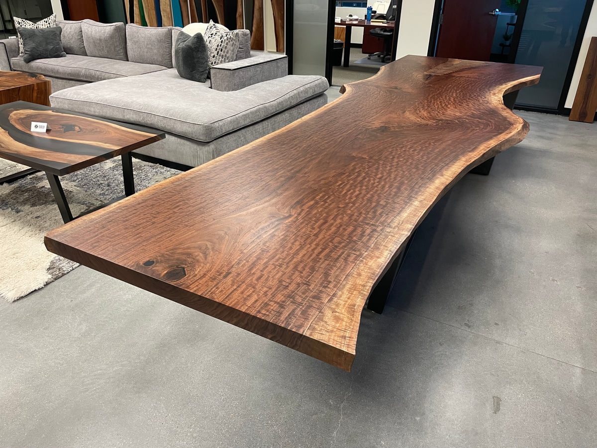 Live edge single slab black walnut table on custom steel base