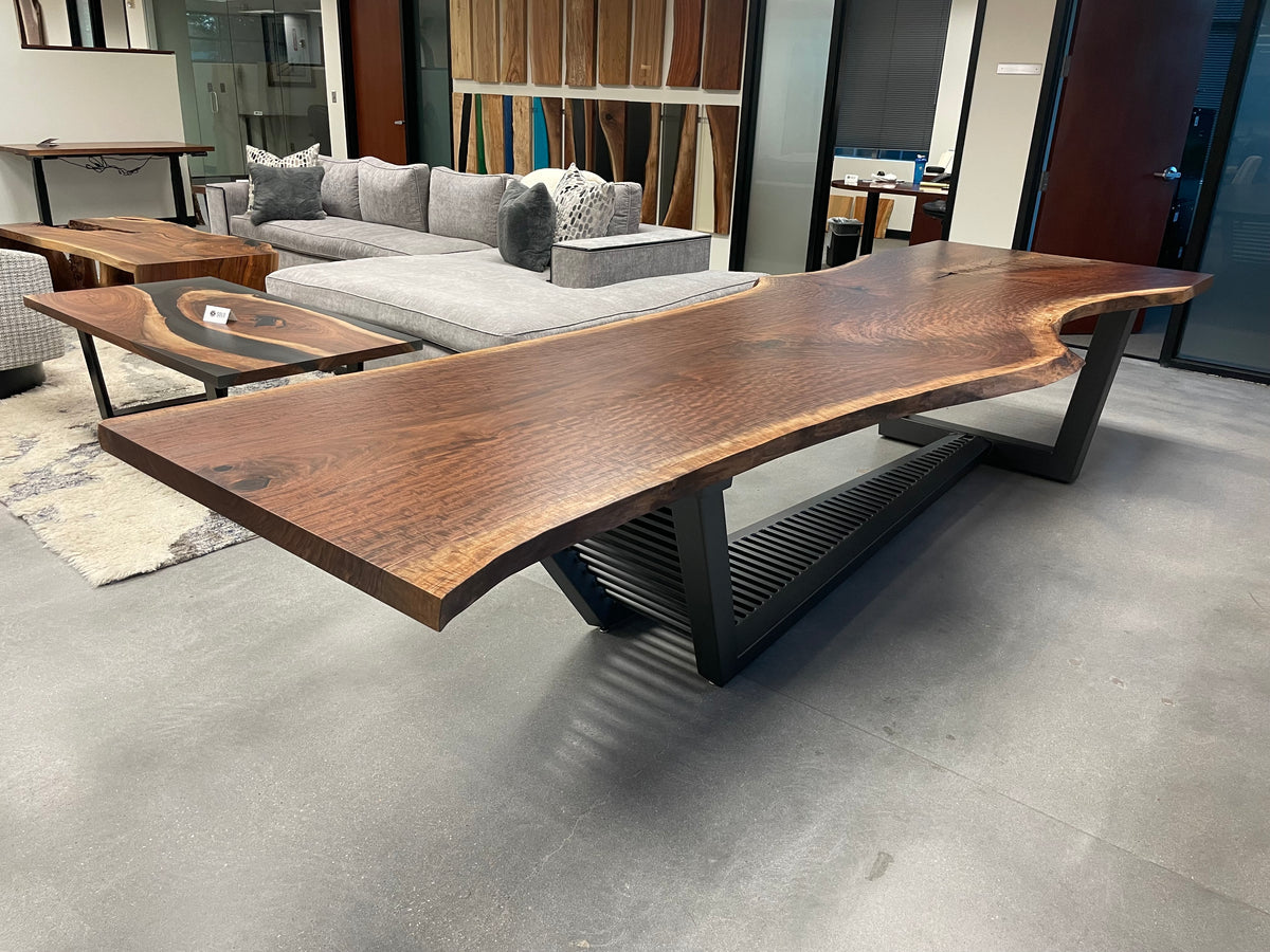 Live edge single slab black walnut table on custom steel base