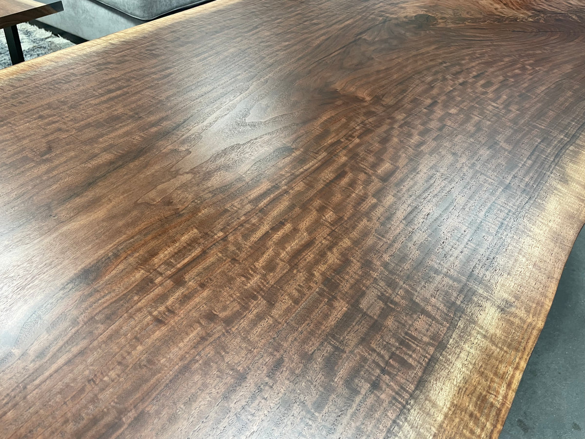 Live edge single slab black walnut table on custom steel base