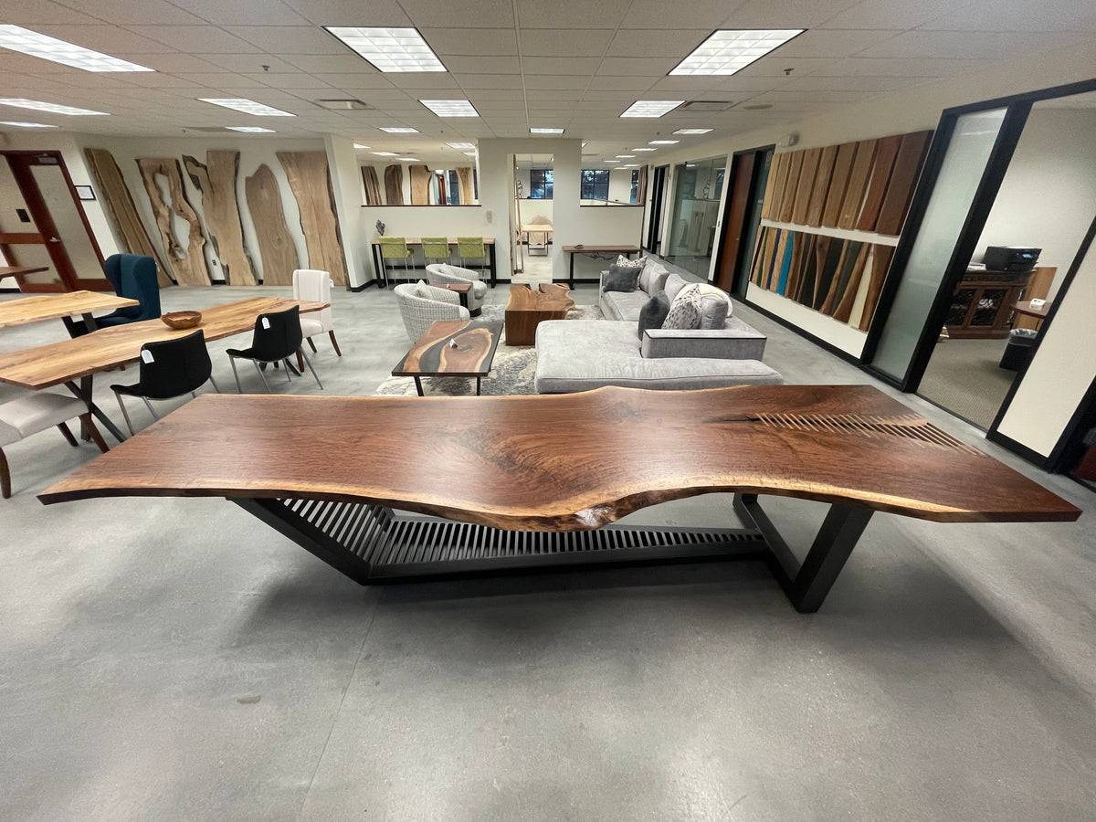 Live edge single slab black walnut table on custom steel base