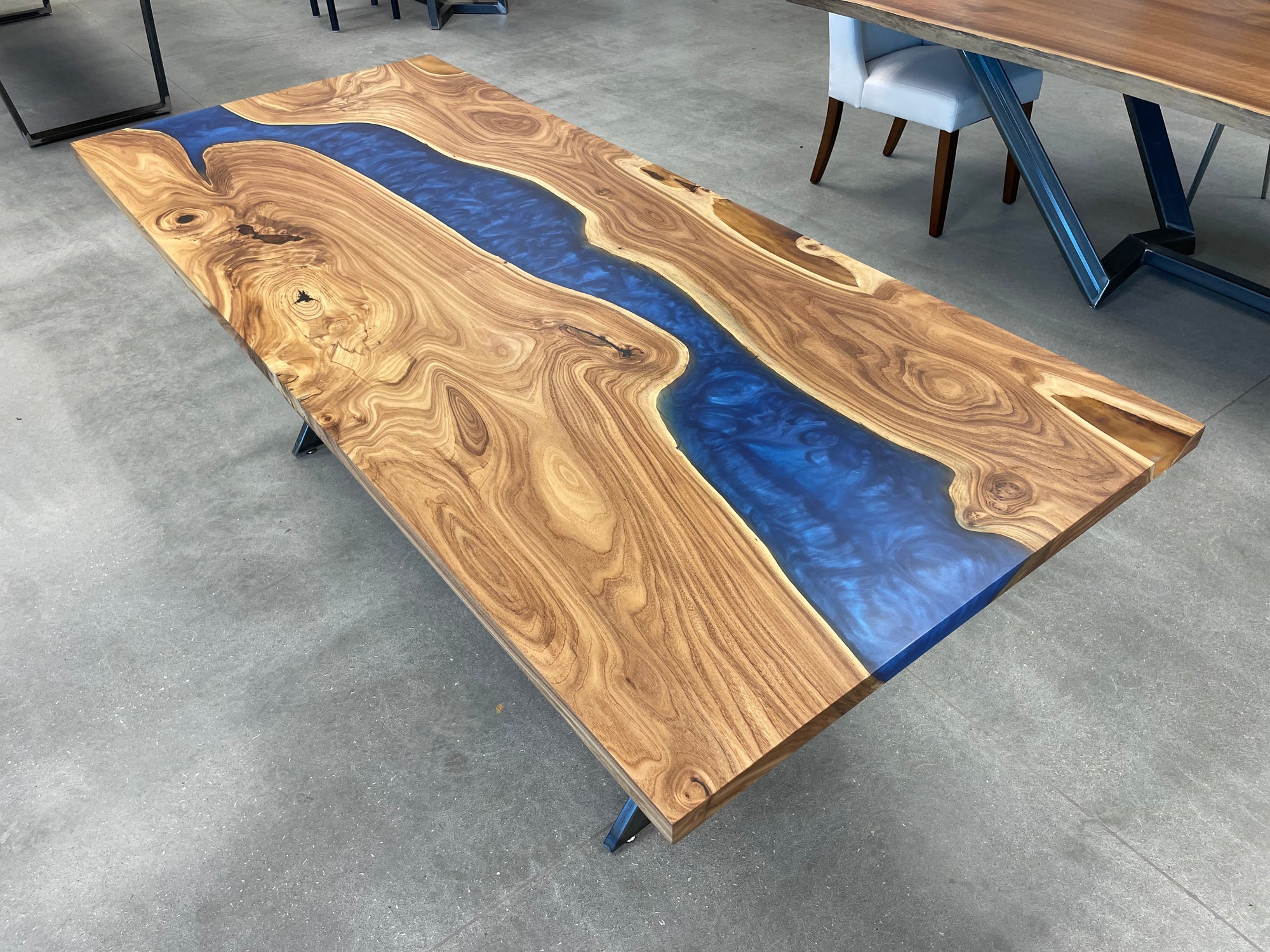Elm Epoxy River Dining Table with Ocean Blue Epoxy