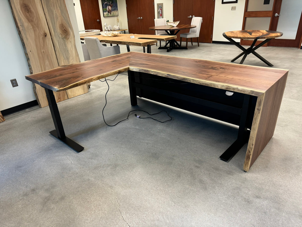 live edge black walnut desk on sit stand frame