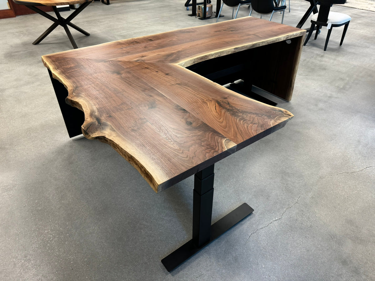 live edge black walnut desk on sit stand frame