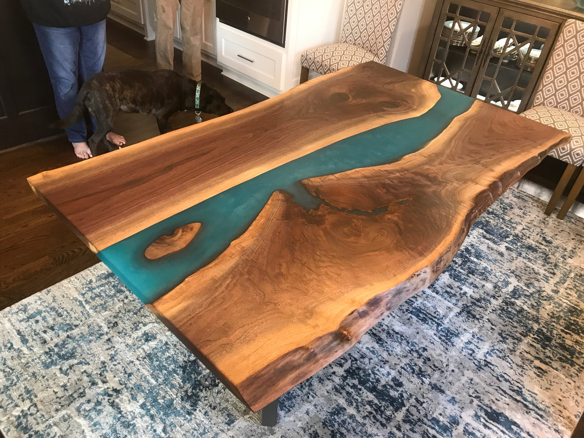 Live Edge Epoxy River Dining Table with Turquoise Epoxy KC Custom