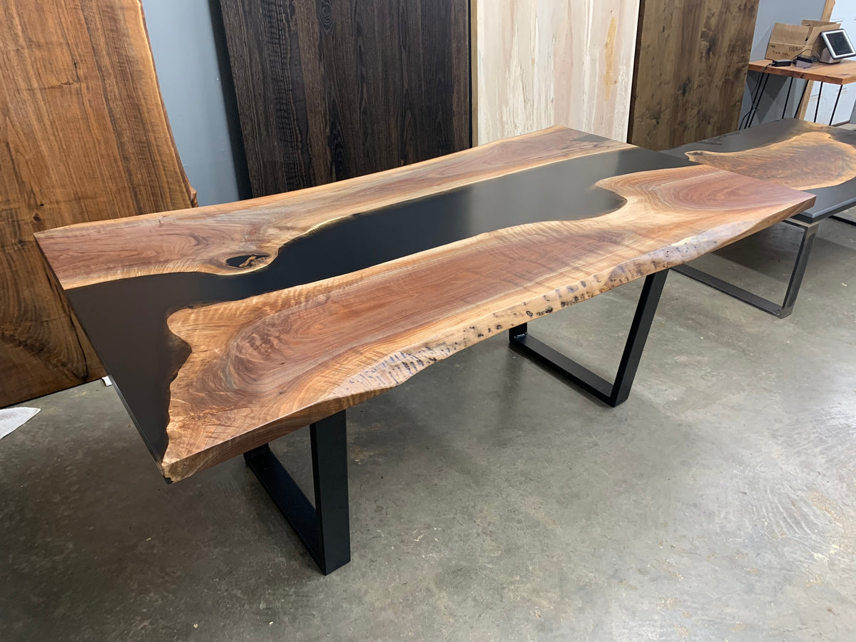 Live Edge Epoxy River Dining Table with Black Epoxy