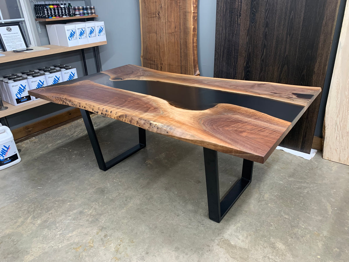 Live Edge Epoxy River Dining Table with Black Epoxy