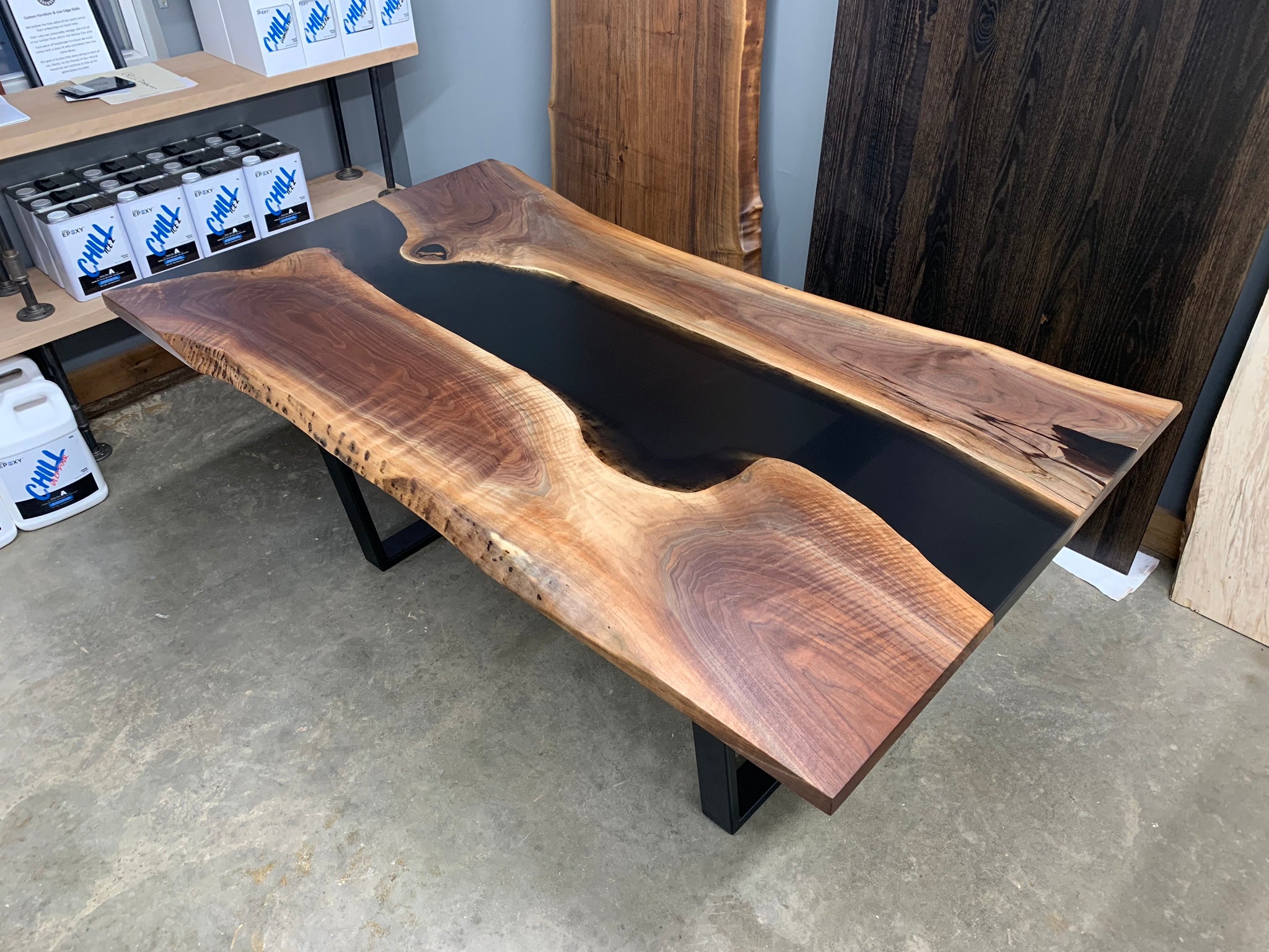 Live Edge Epoxy River Dining Table with Black Epoxy - KC Custom