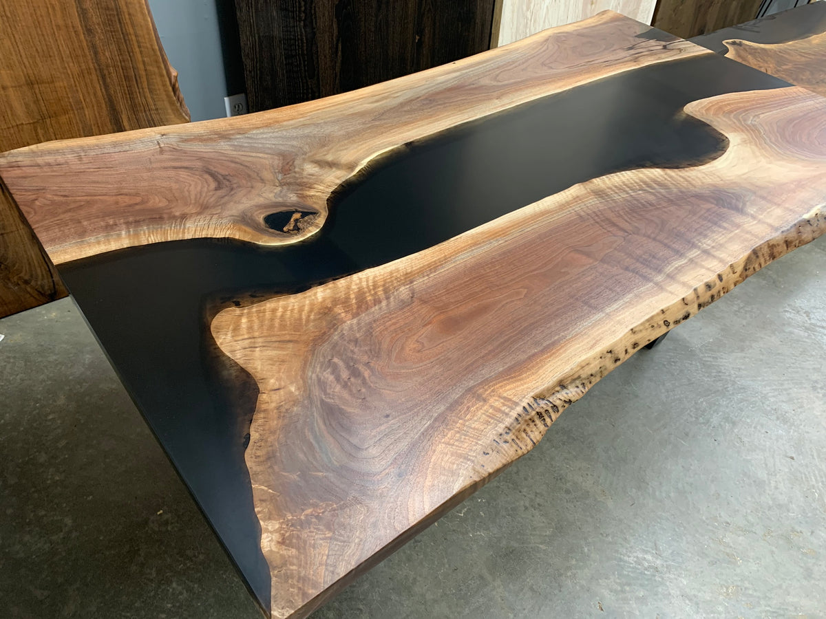 Live Edge Epoxy River Dining Table with Black Epoxy