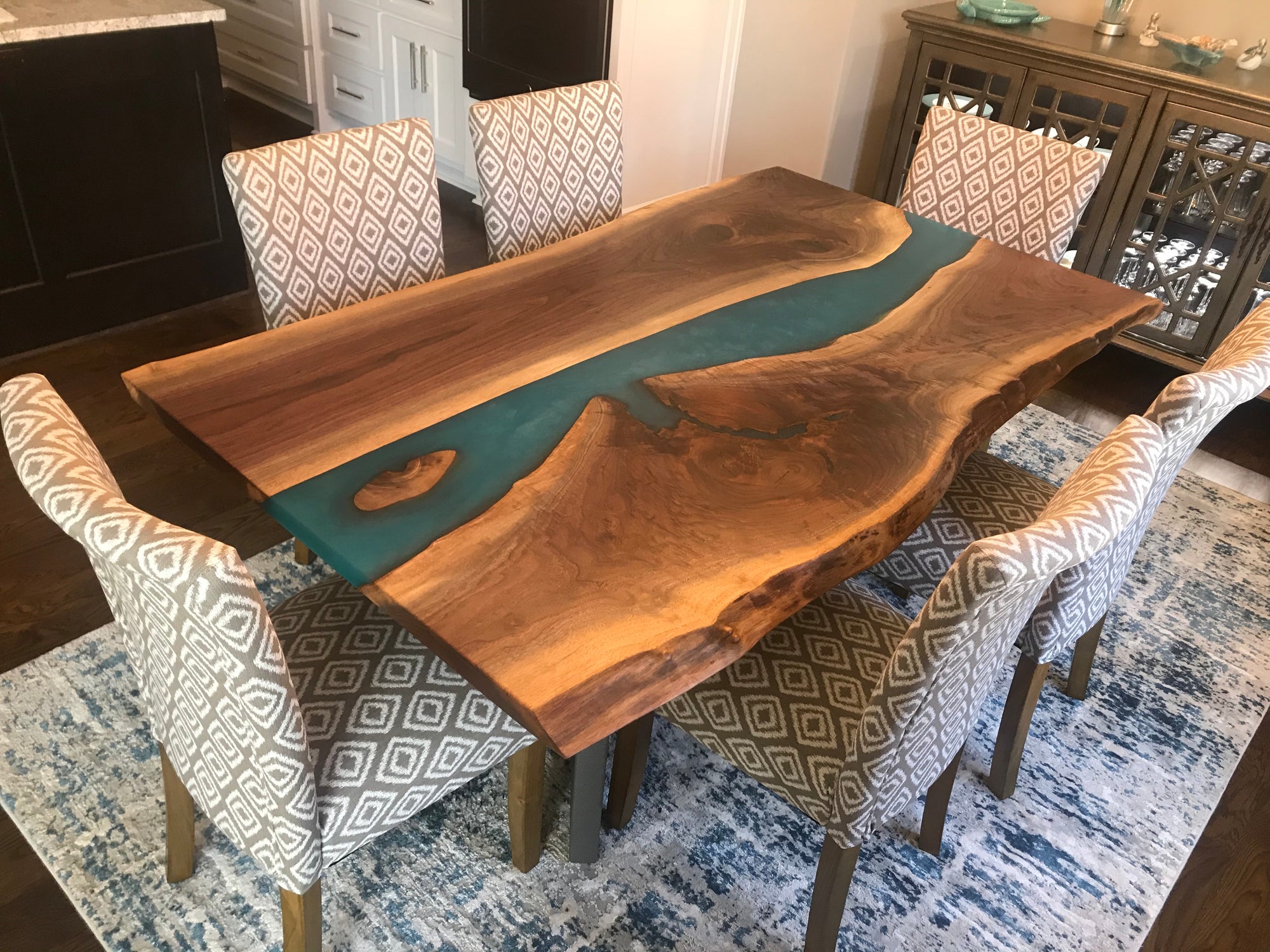 Live Edge Epoxy River Dining Table with Turquoise Epoxy