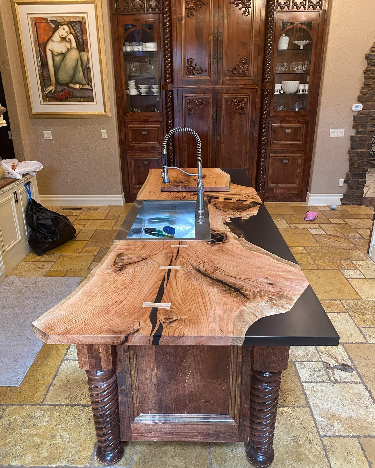 Red Oak Epoxy Casted Kitchen Island Countertop