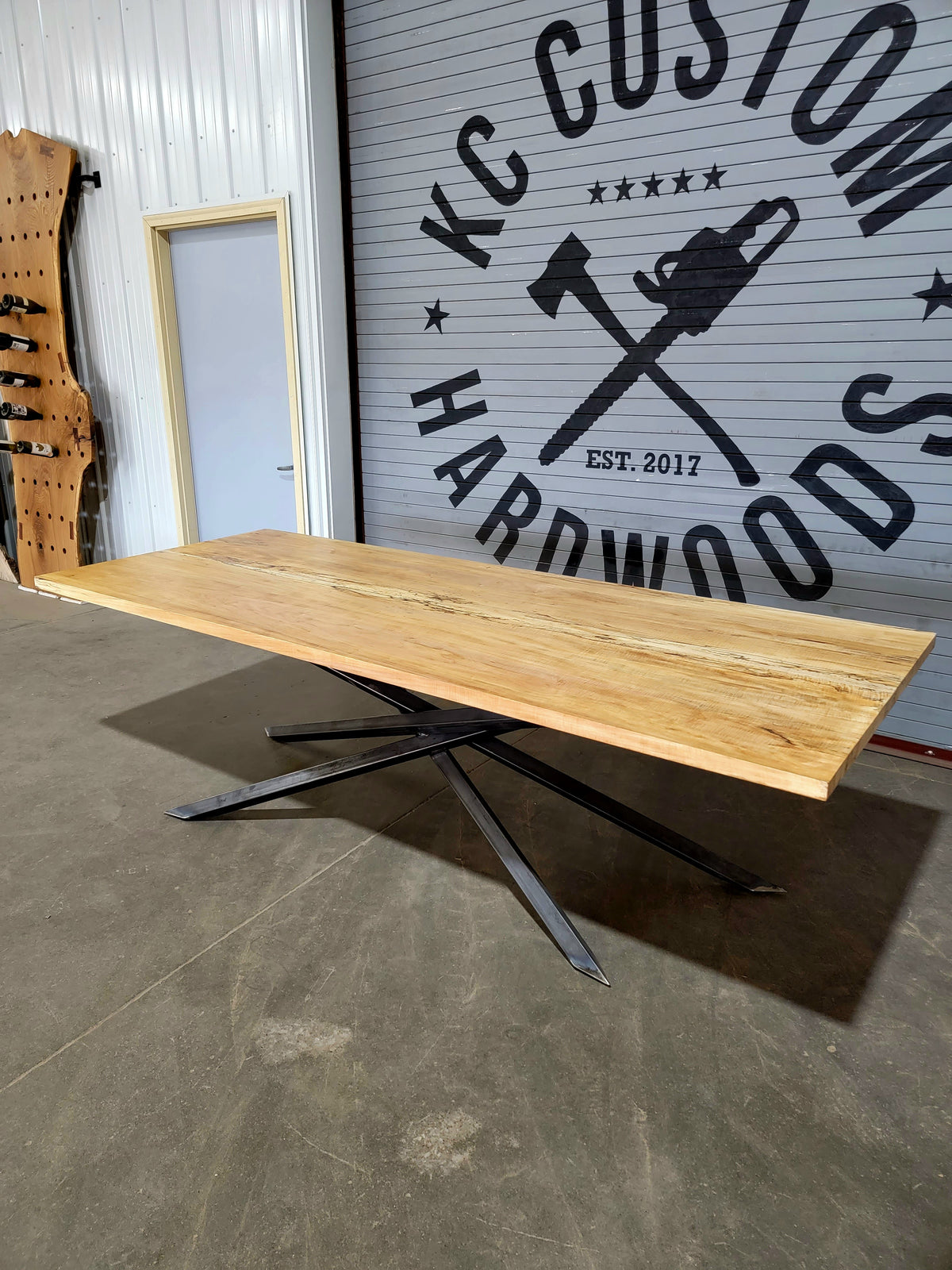maple dining table on steel base