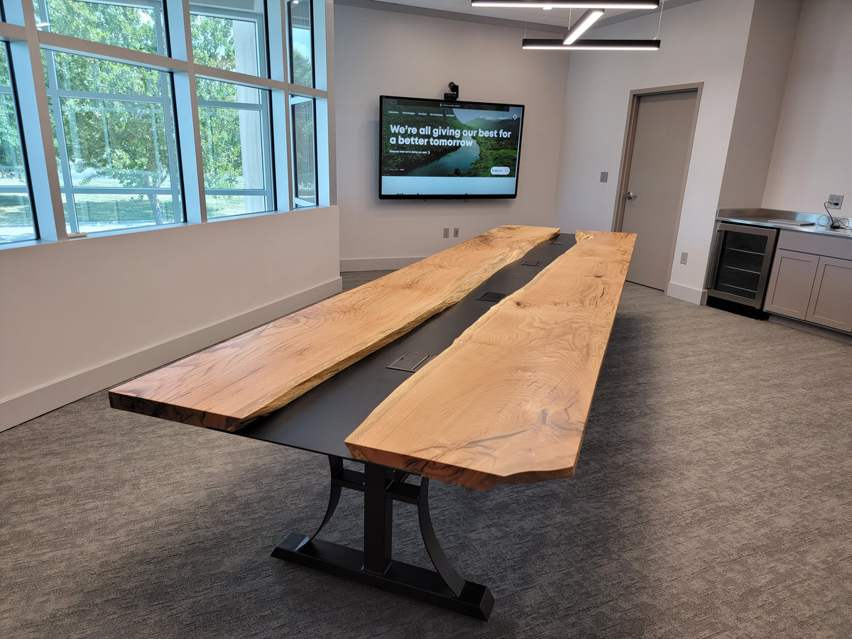 Live Edge Red Oak Conference Table with Metal River