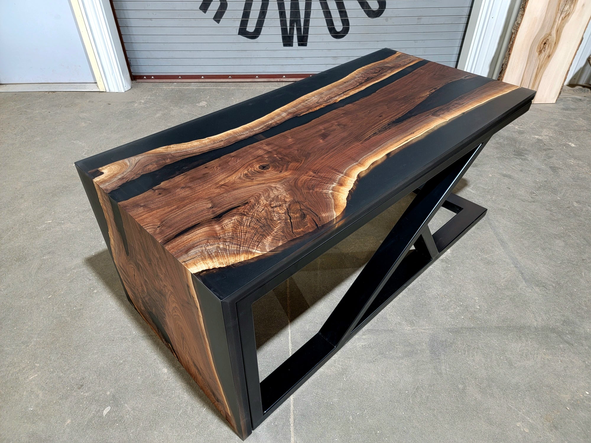 black walnut epoxy river waterfall desk