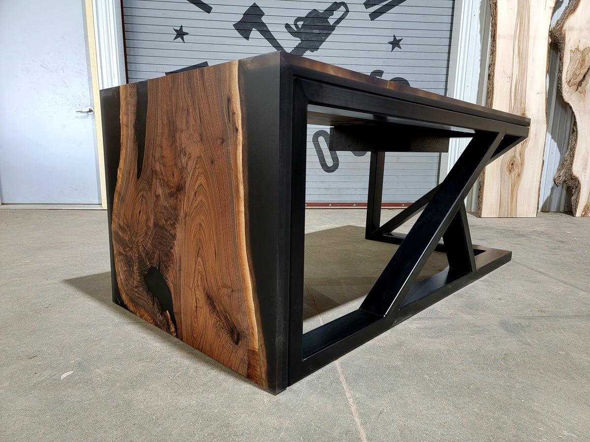 black walnut epoxy river waterfall desk