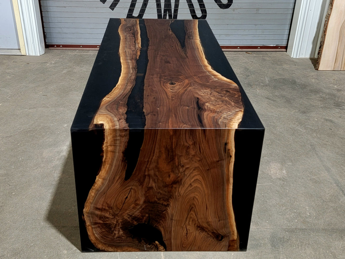 black walnut epoxy river waterfall desk