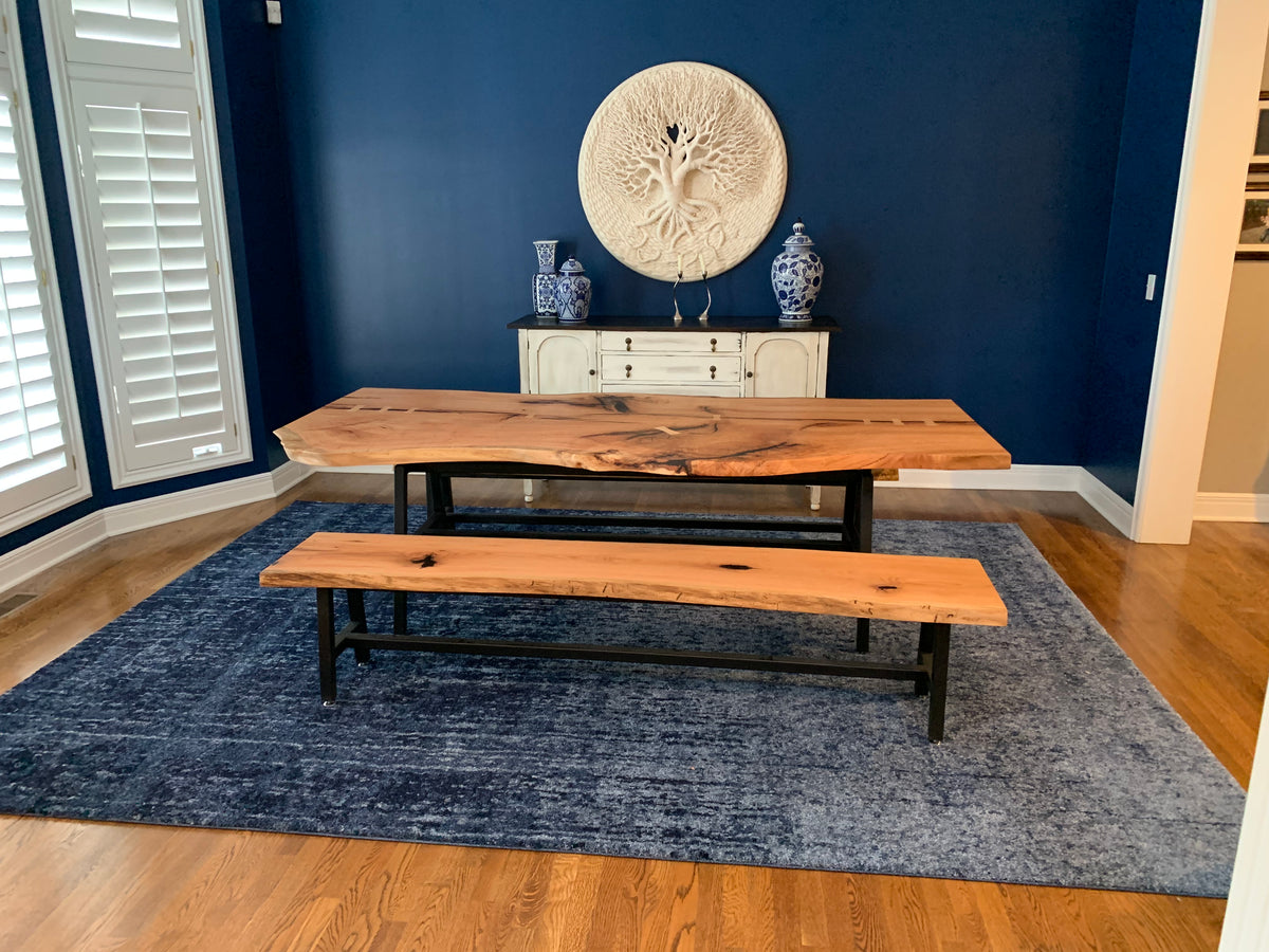 live edge red oak dining table with bench