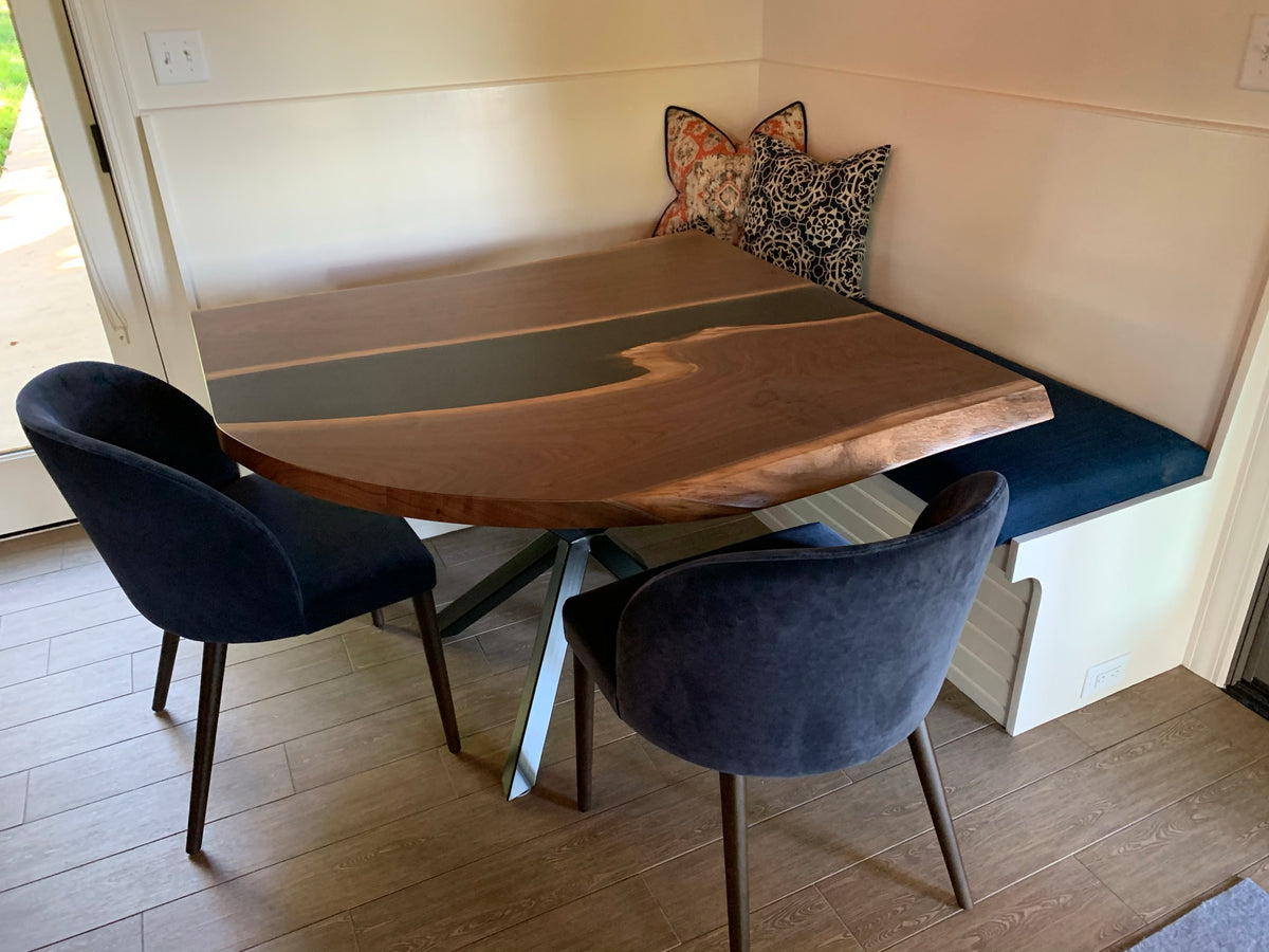 black walnut epoxy river dining table on steel base