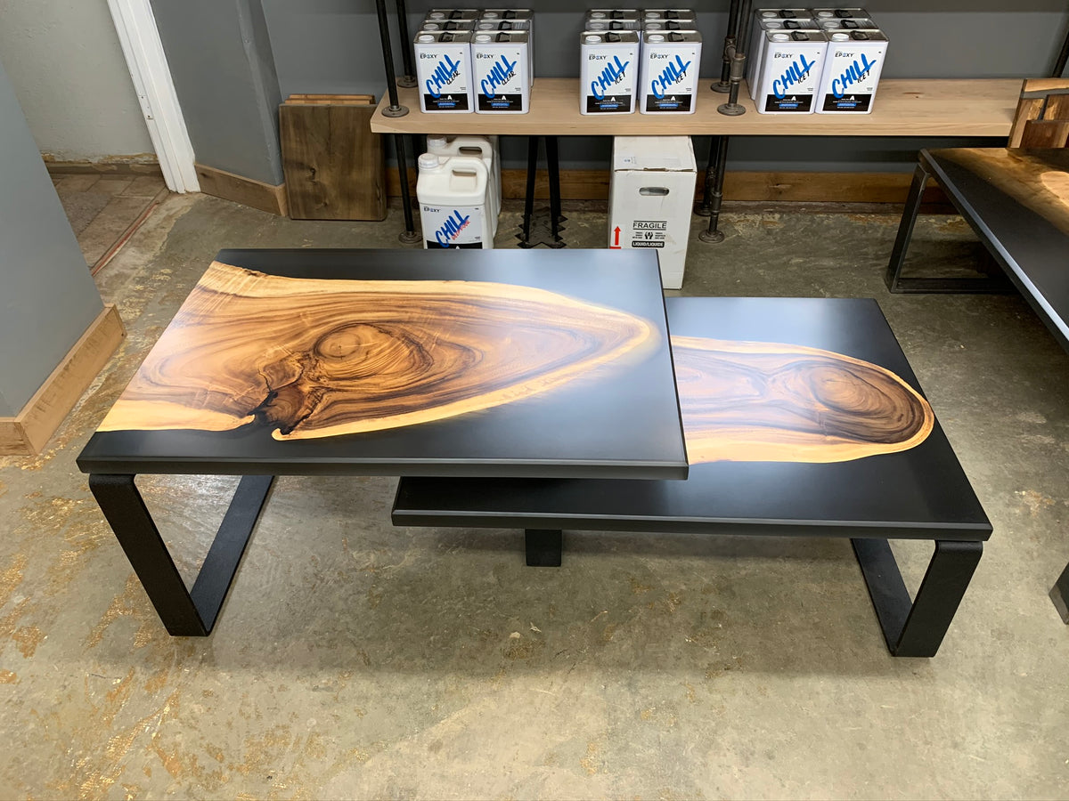 Monkey Pod Epoxy Coffee Table with Custom Base