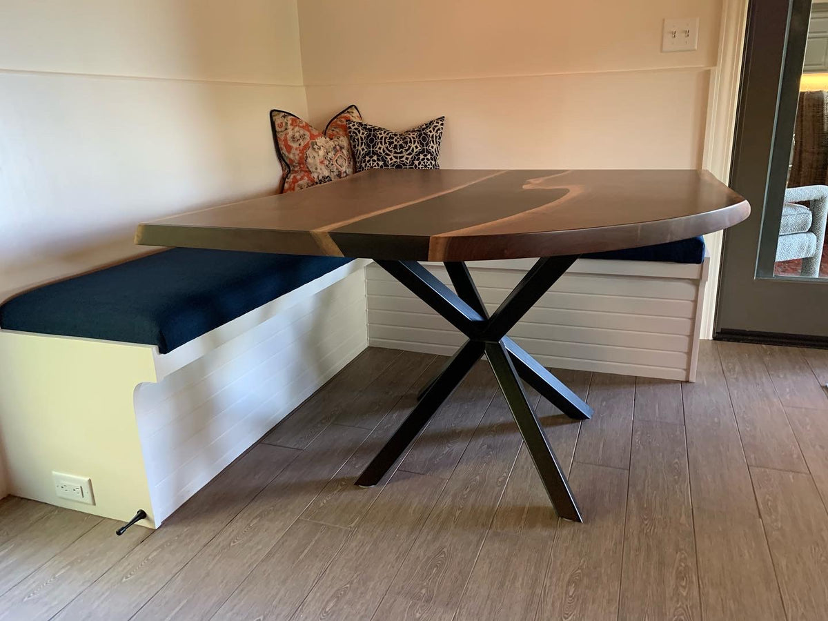 black walnut epoxy river dining table on steel base