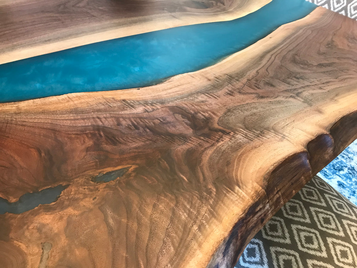live edge black walnut epoxy river dining table 