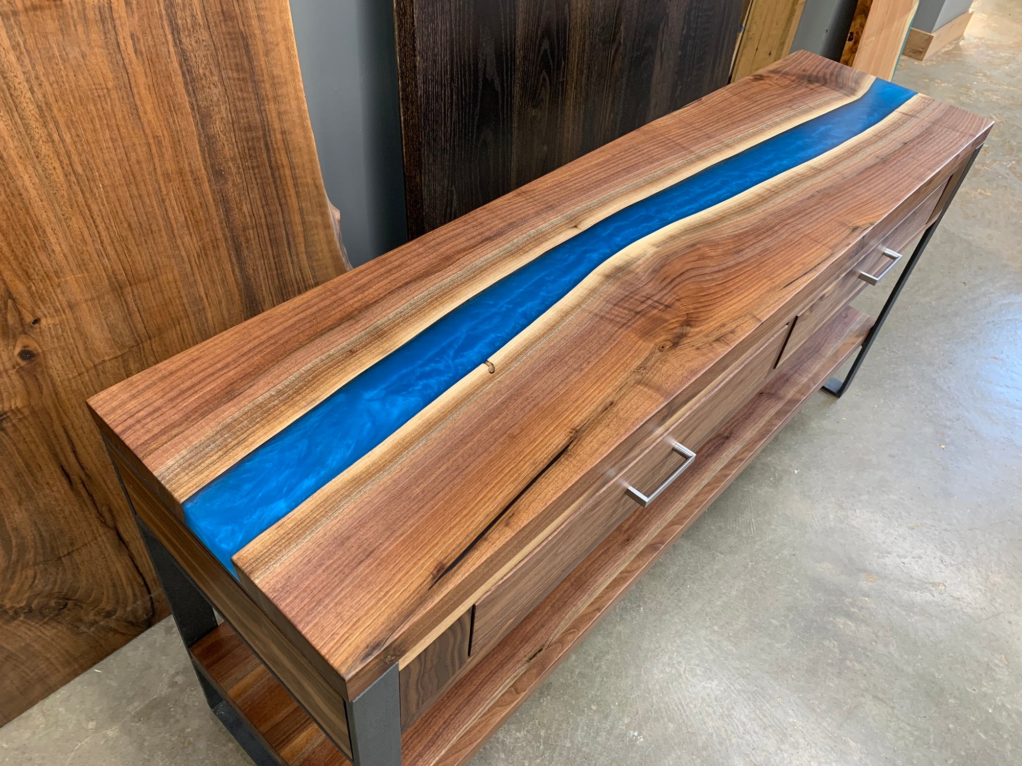 Custom Walnut Blue Epoxy River Console Table 