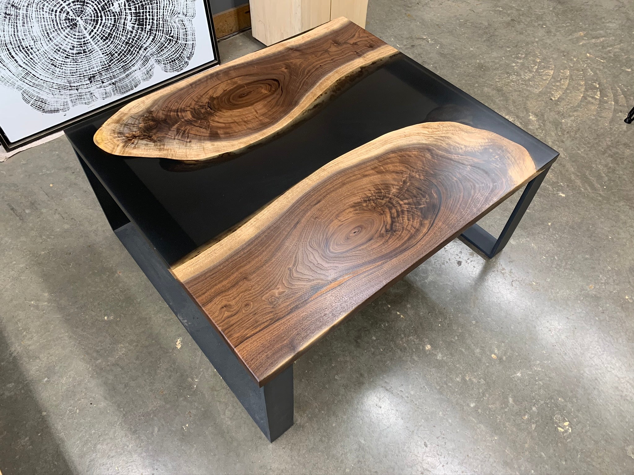 Black Walnut Rounds C-Table with Smokey Black Epoxy River