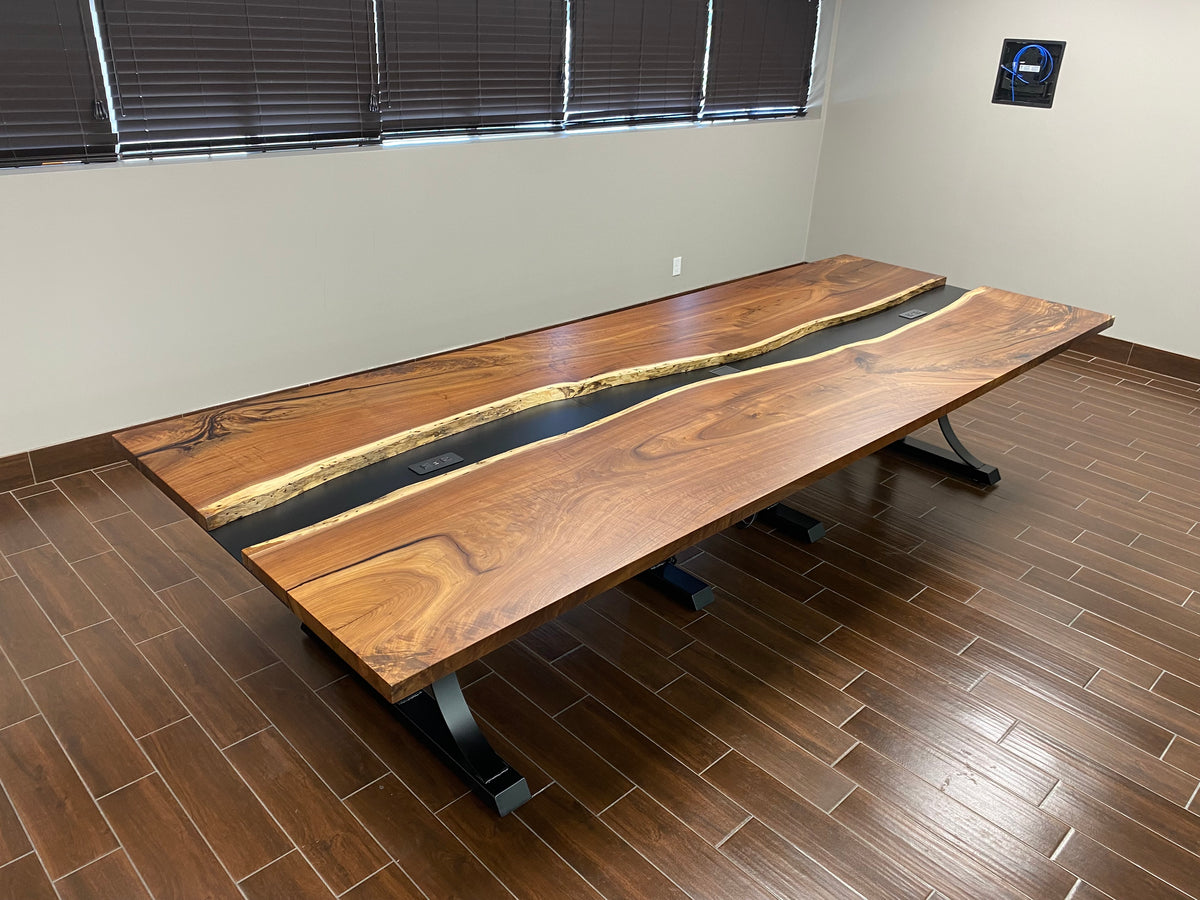 Live edge black walnut metal river table