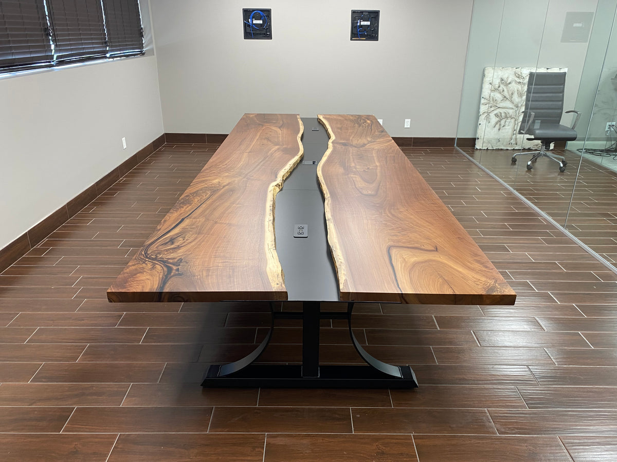Live edge black walnut metal river table