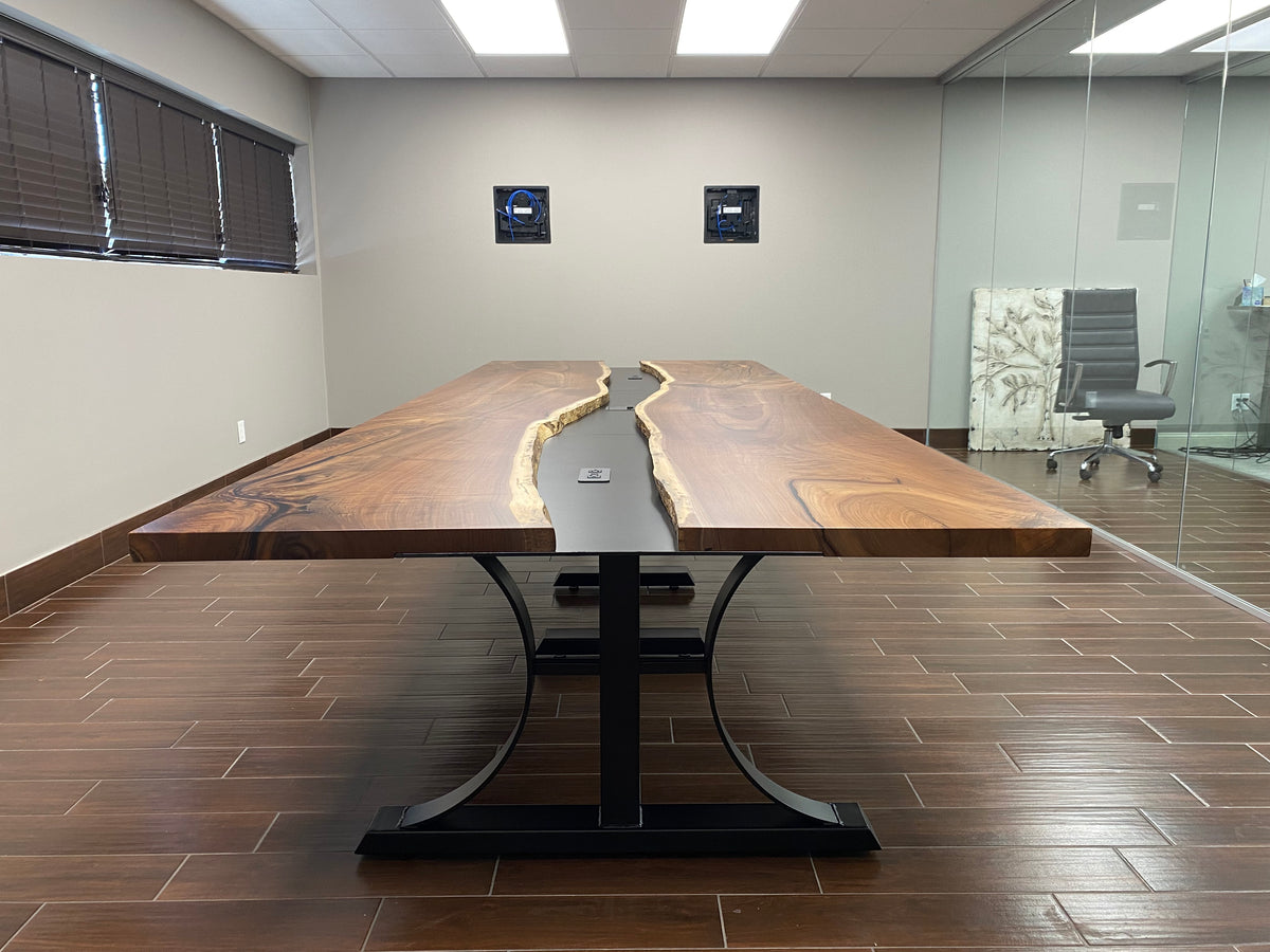 Live edge black walnut metal river table