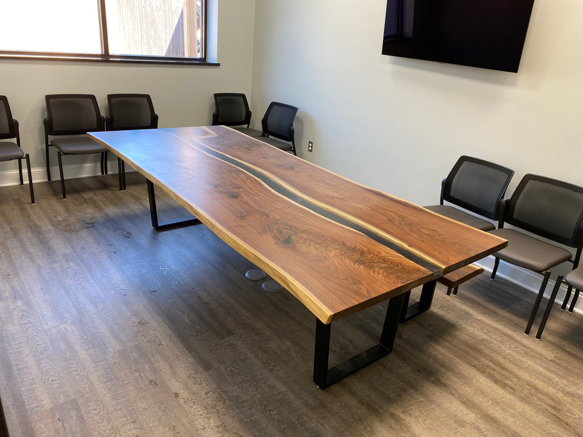 Live Edge Black Walnut Epoxy River Table with bench