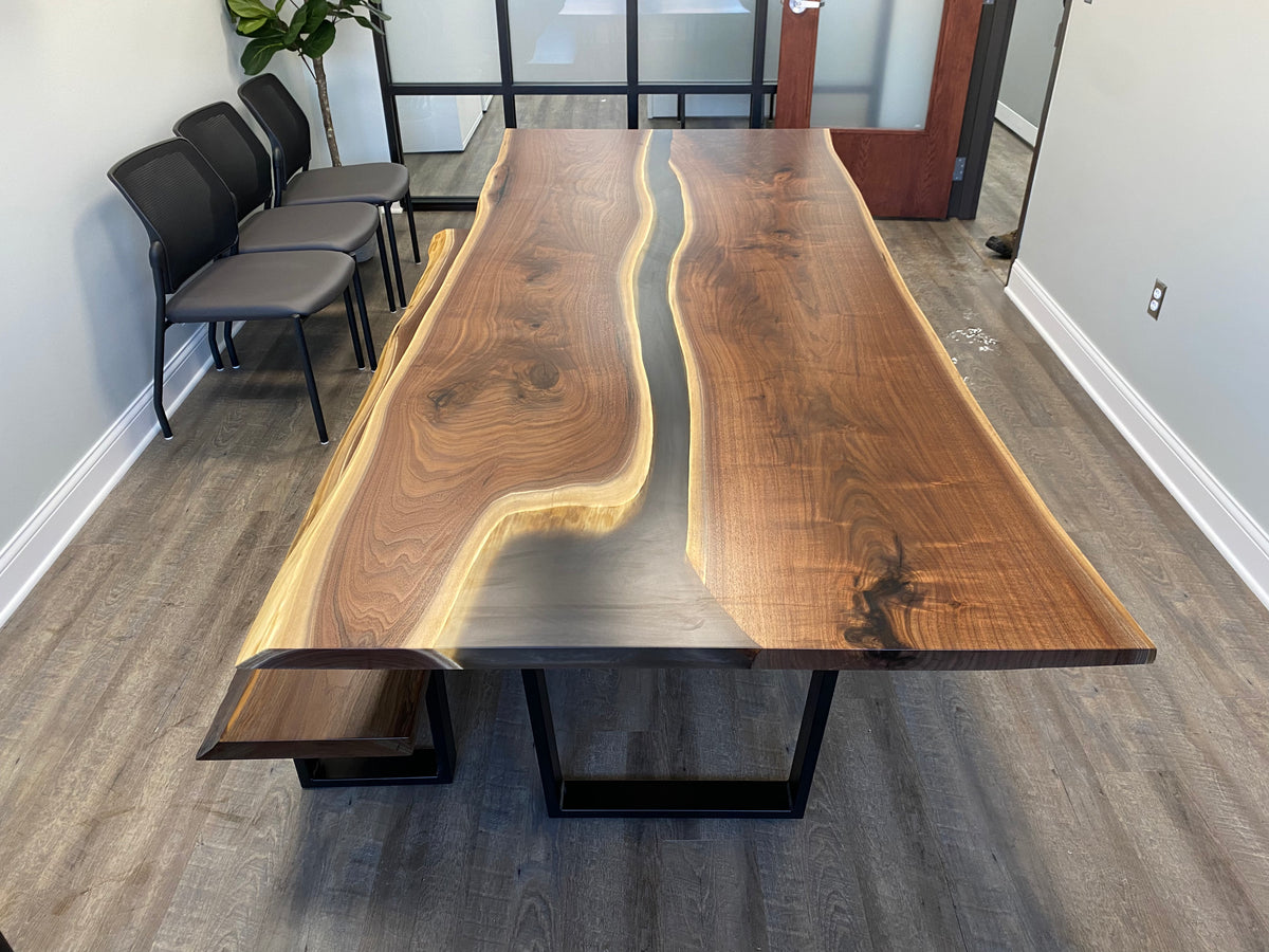 Live Edge Black Walnut Epoxy River Table with bench