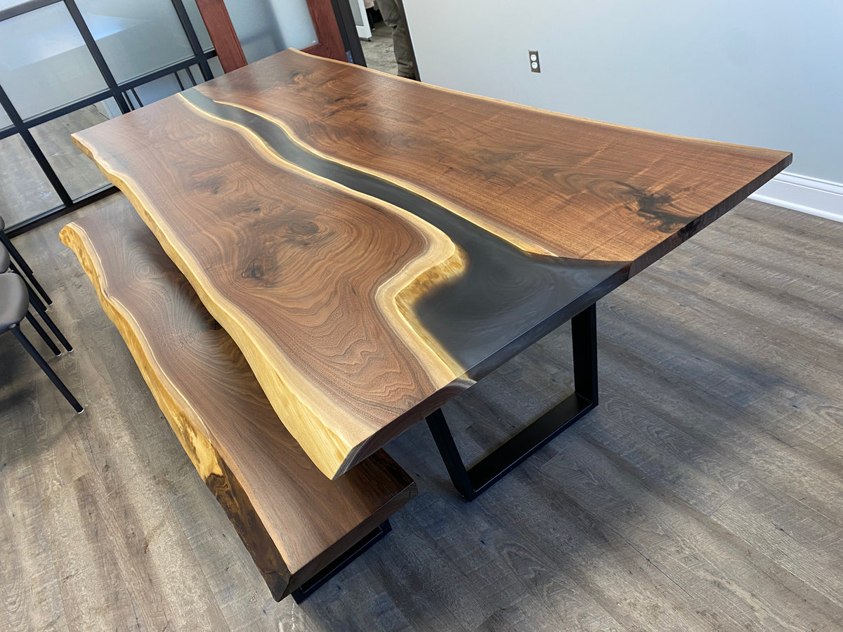 Live Edge Black Walnut Epoxy River Table with bench
