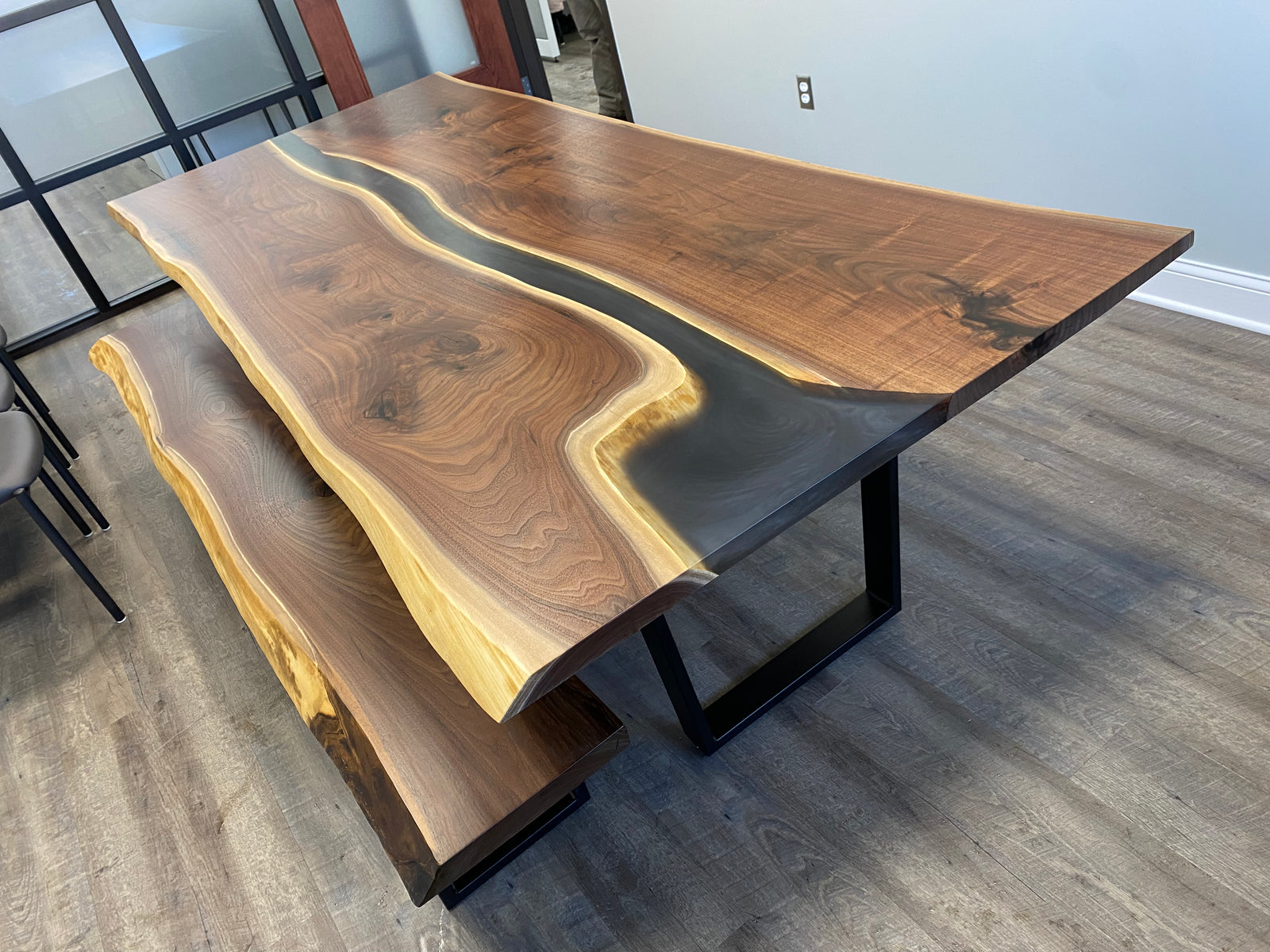 Live Edge Black Walnut Epoxy River Table with bench