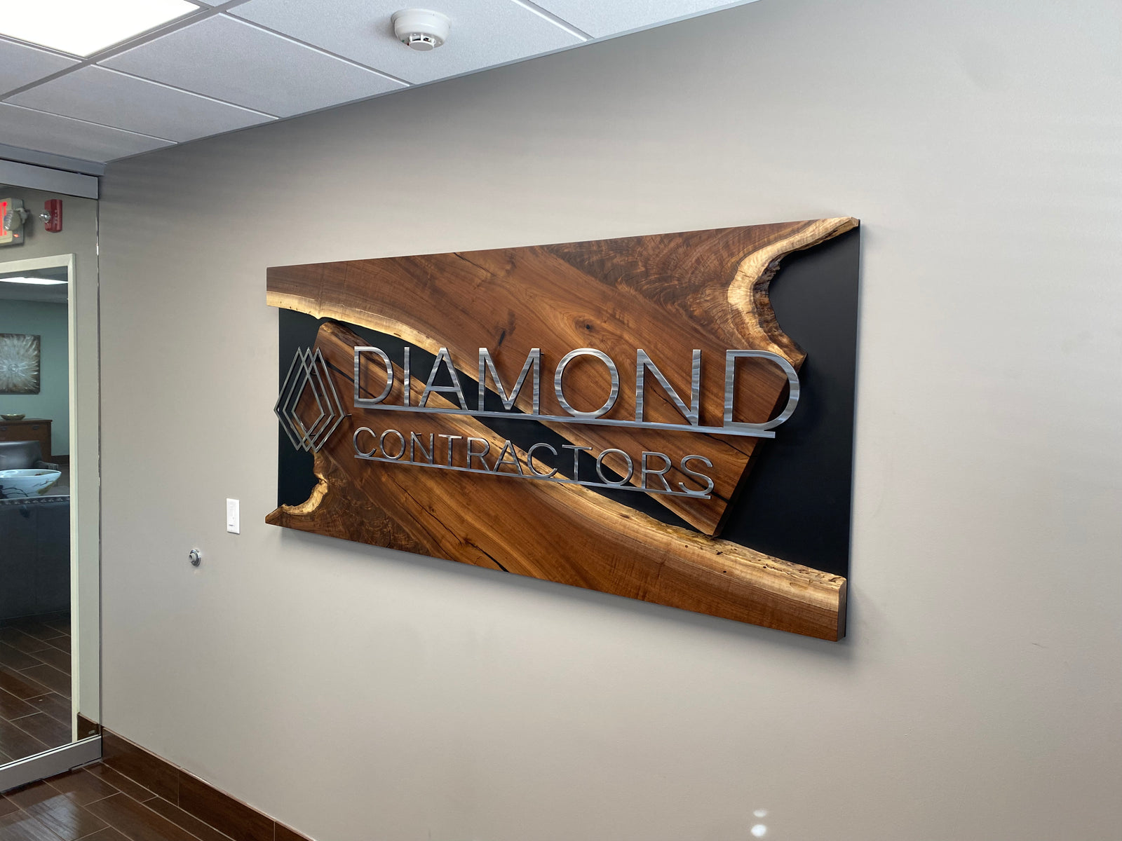 Live Edge Black Walnut Metal River Business Sign