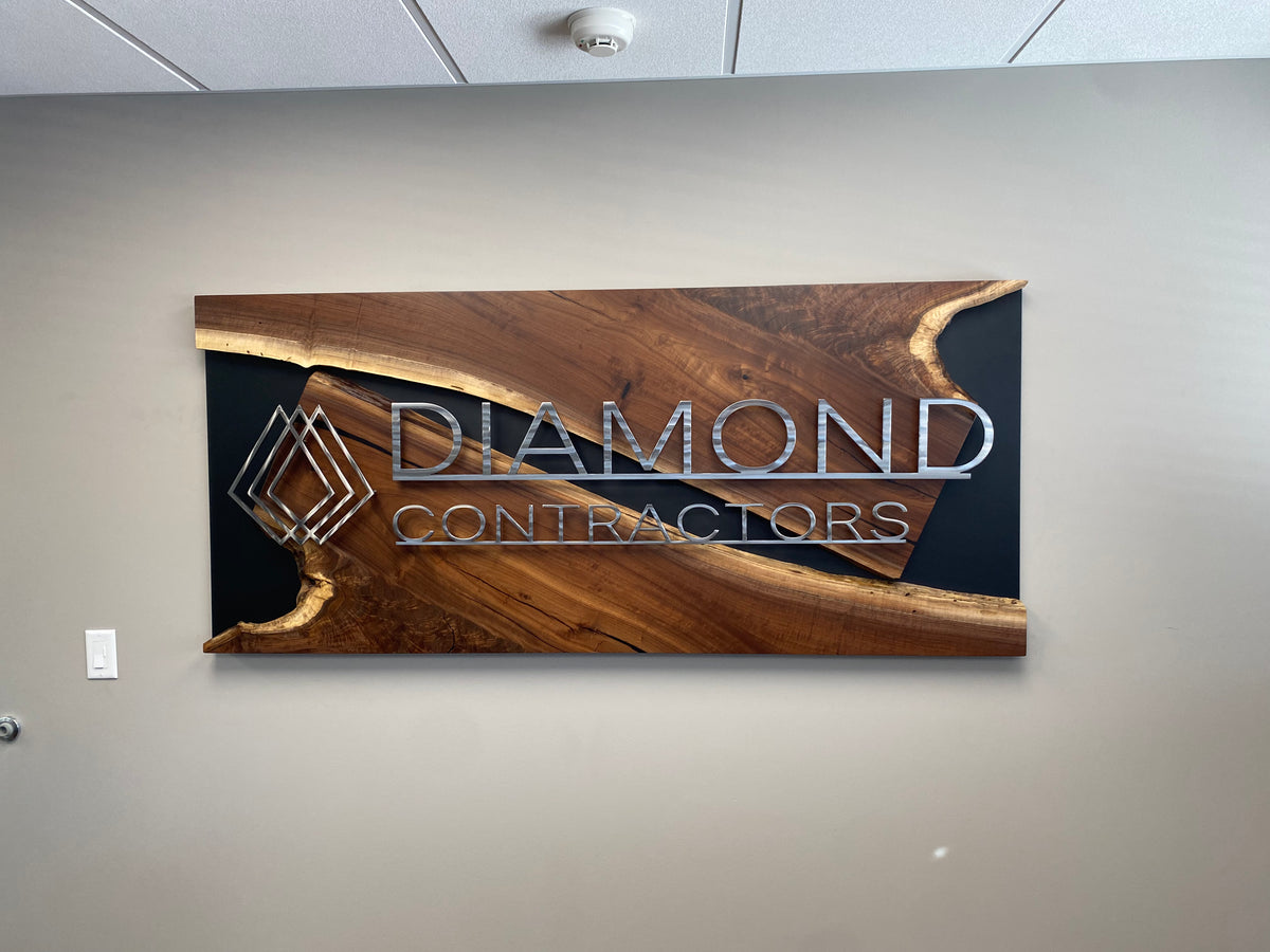 Live Edge Black Walnut Metal River Business Sign