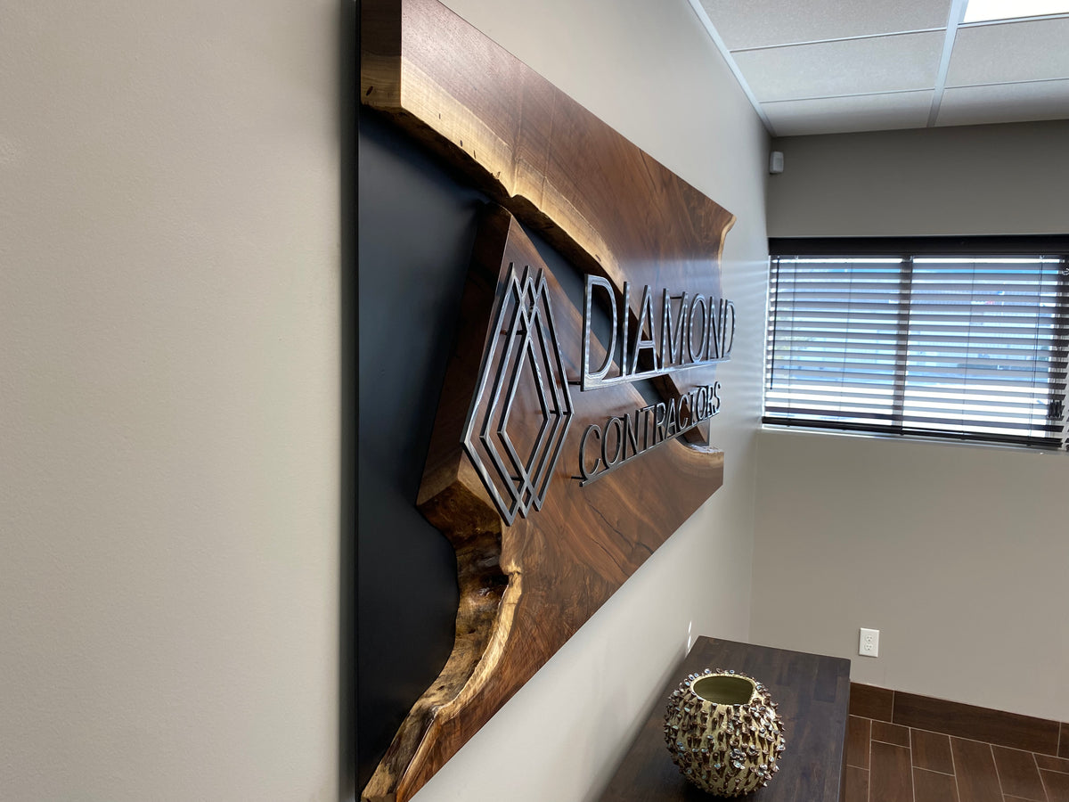 Live Edge Black Walnut Metal River Business Sign