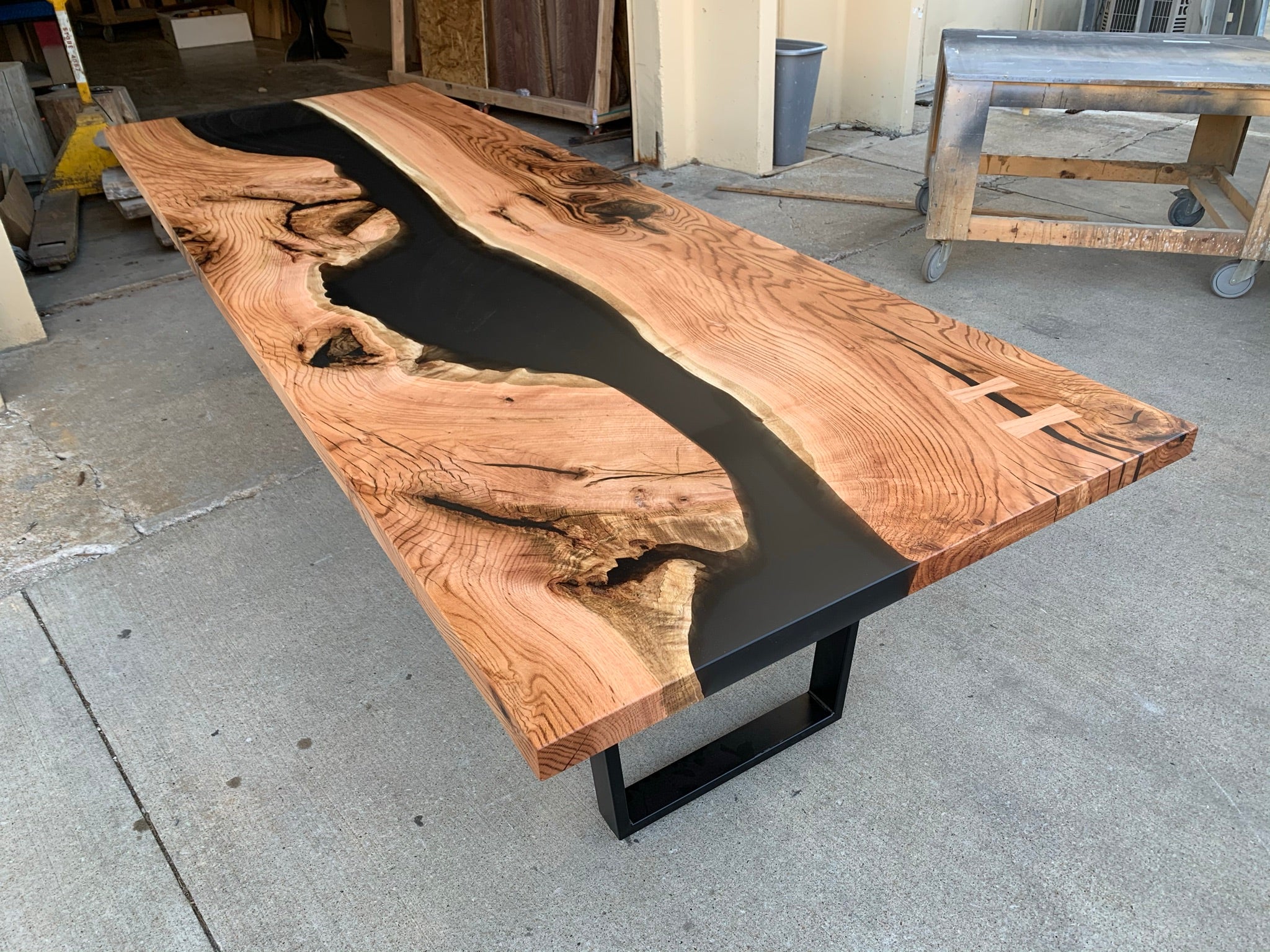 Oak Wood and Black Epoxy Resin River Side Table